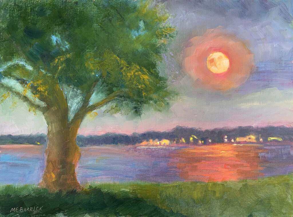 Hunter's Moon Oil on 11 x 14 board. Lake Gertrude